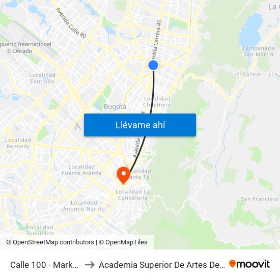Calle 100 - Marketmedios to Academia Superior De Artes De Bogota - Asab map