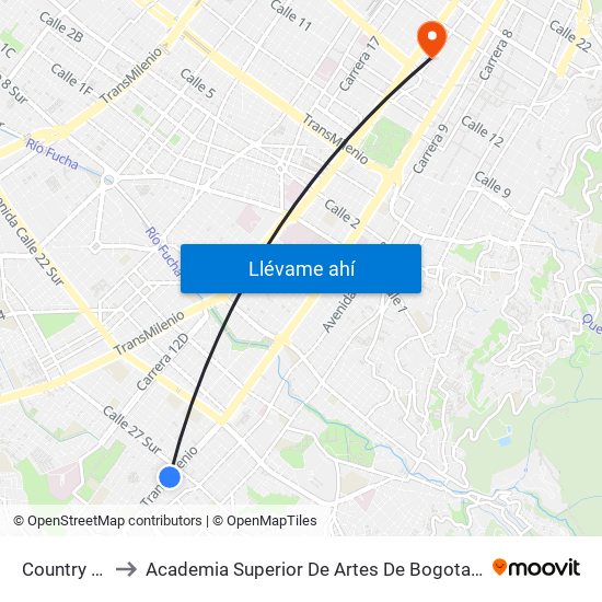 Country Sur to Academia Superior De Artes De Bogota - Asab map