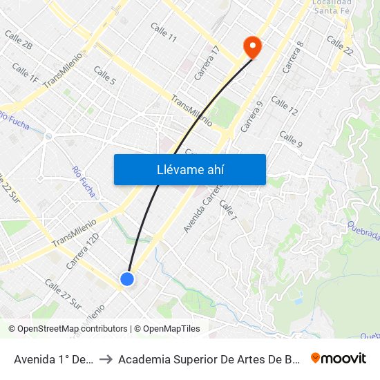 Avenida 1° De Mayo to Academia Superior De Artes De Bogota - Asab map