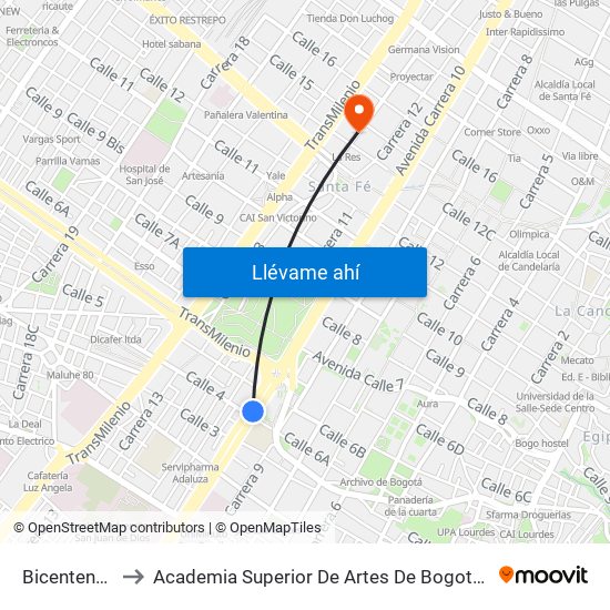 Bicentenario to Academia Superior De Artes De Bogota - Asab map