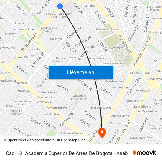 Cad to Academia Superior De Artes De Bogota - Asab map