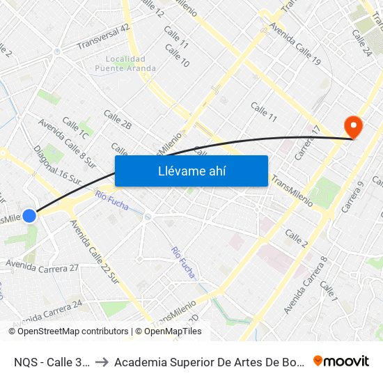 NQS - Calle 30 Sur to Academia Superior De Artes De Bogota - Asab map