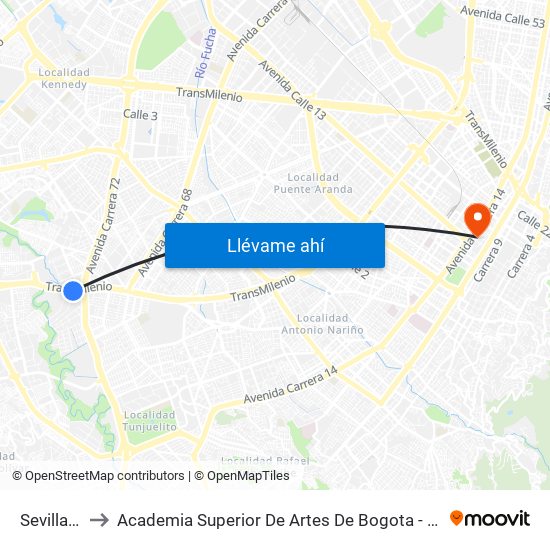 Sevillana to Academia Superior De Artes De Bogota - Asab map