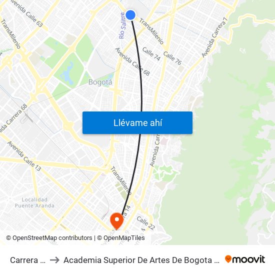 Carrera 47 to Academia Superior De Artes De Bogota - Asab map