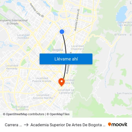 Carrera 53 to Academia Superior De Artes De Bogota - Asab map