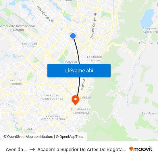 Avenida 68 to Academia Superior De Artes De Bogota - Asab map