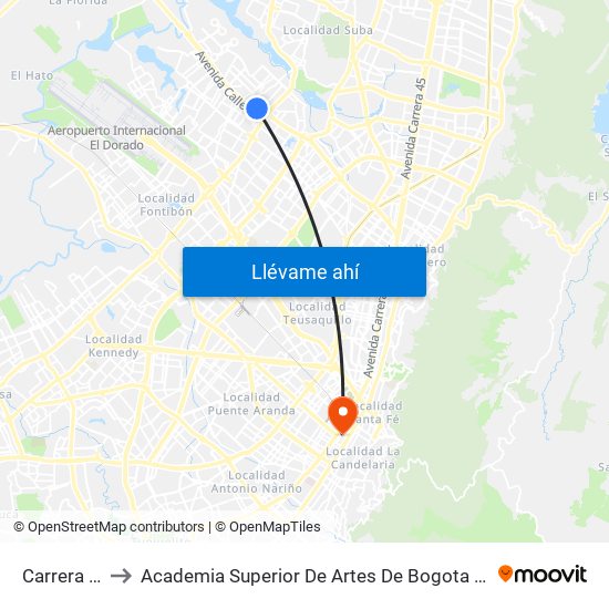 Carrera 90 to Academia Superior De Artes De Bogota - Asab map