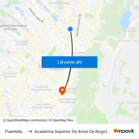 Puentelargo to Academia Superior De Artes De Bogota - Asab map