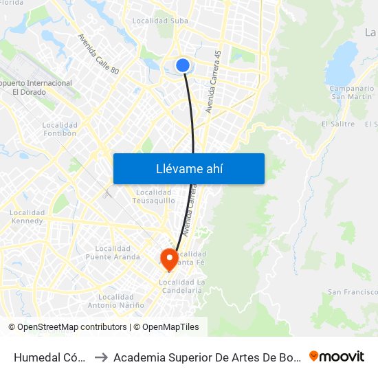 Humedal Córdoba to Academia Superior De Artes De Bogota - Asab map