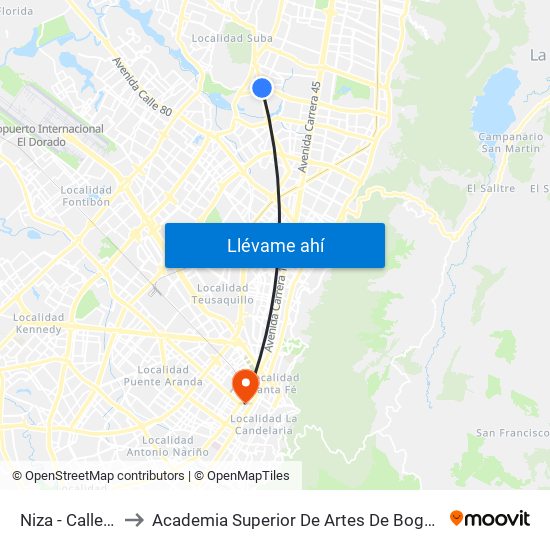 Niza - Calle 127 to Academia Superior De Artes De Bogota - Asab map