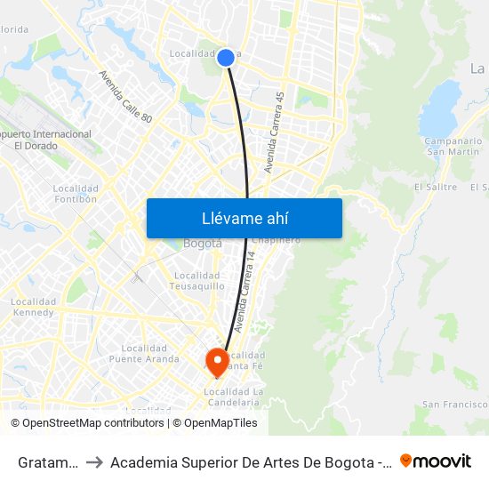 Gratamira to Academia Superior De Artes De Bogota - Asab map