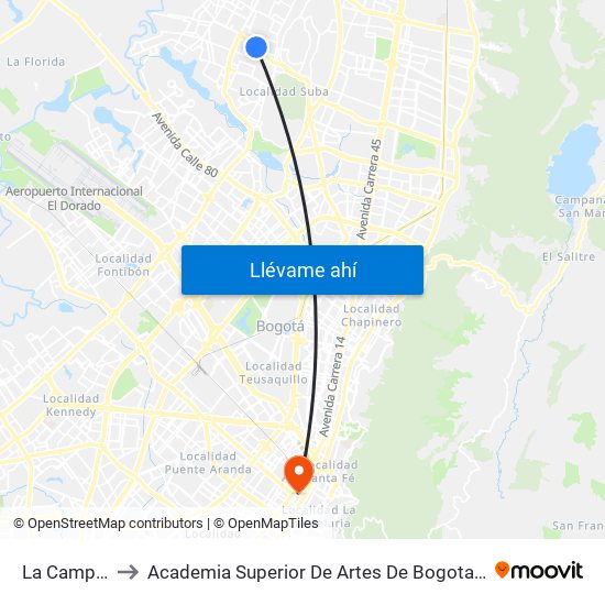 La Campiña to Academia Superior De Artes De Bogota - Asab map