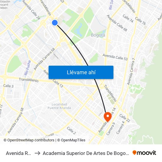 Avenida Rojas to Academia Superior De Artes De Bogota - Asab map