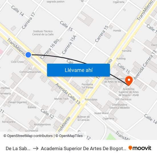 De La Sabana to Academia Superior De Artes De Bogota - Asab map