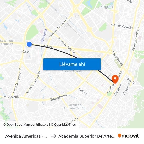 Avenida Américas - Avenida Boyacá to Academia Superior De Artes De Bogota - Asab map