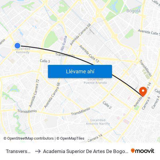 Transversal 86 to Academia Superior De Artes De Bogota - Asab map