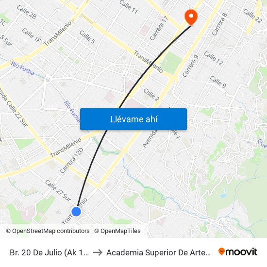 Br. 20 De Julio (Ak 10 - Cl 27a Sur) to Academia Superior De Artes De Bogota - Asab map