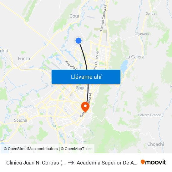 Clínica Juan N. Corpas (Av. Corpas - Cl 159a) to Academia Superior De Artes De Bogota - Asab map