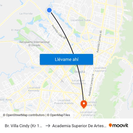 Br. Villa Cindy (Kr 156a - Cl 136a) to Academia Superior De Artes De Bogota - Asab map