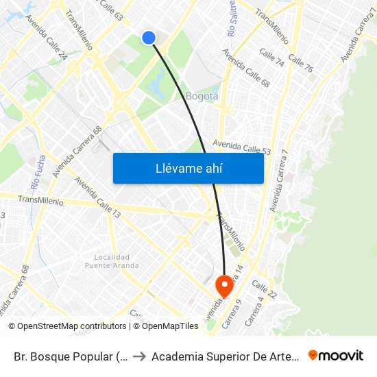 Br. Bosque Popular (Kr 69 - Cl 63a) to Academia Superior De Artes De Bogota - Asab map