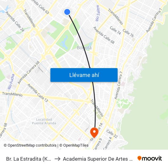 Br. La Estradita (Kr 69 - Cl 65) to Academia Superior De Artes De Bogota - Asab map