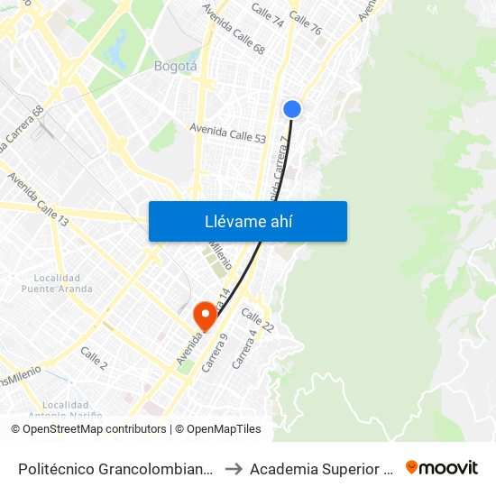 Politécnico Grancolombiano City Campus  - Calle 61 - Carrera 9 to Academia Superior De Artes De Bogota - Asab map