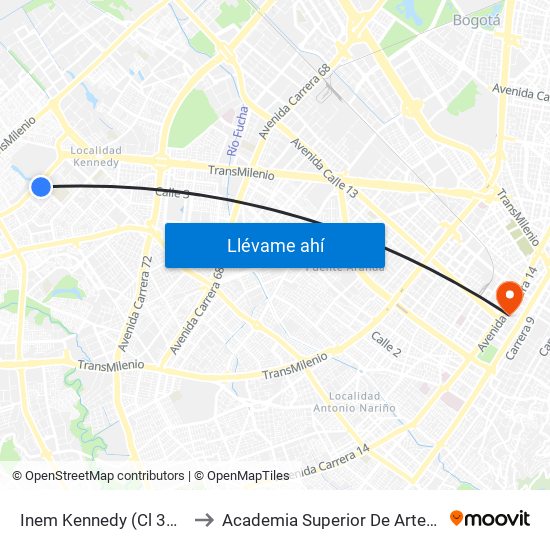 Inem Kennedy (Cl 38c Sur - Kr 79g) to Academia Superior De Artes De Bogota - Asab map