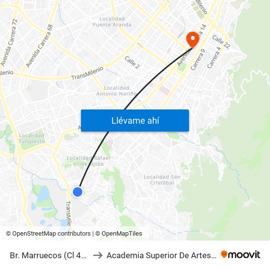 Br. Marruecos (Cl 49g Sur - Kr 5t) to Academia Superior De Artes De Bogota - Asab map