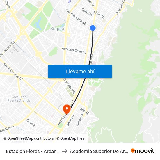 Estación Flores - Areandina (Kr 13 - Dg 68) to Academia Superior De Artes De Bogota - Asab map