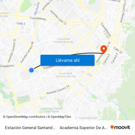 Estación General Santander (Dg 39a Sur - Tv 42) to Academia Superior De Artes De Bogota - Asab map