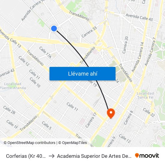 Corferias (Kr 40 - Cl 22a) to Academia Superior De Artes De Bogota - Asab map