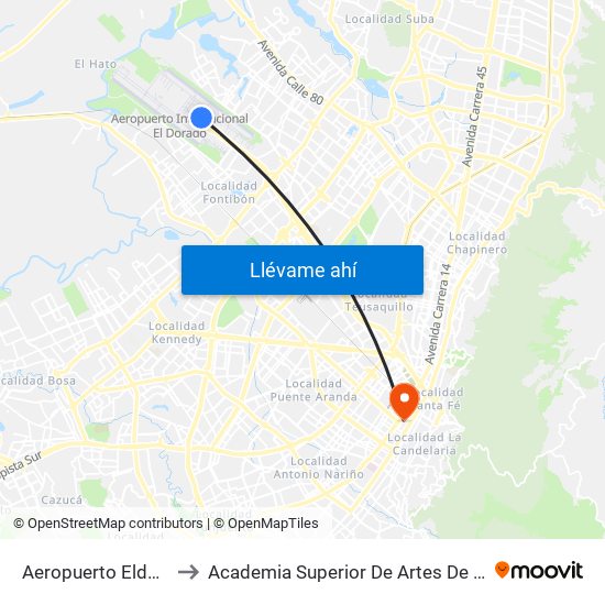 Aeropuerto Eldorado (E) to Academia Superior De Artes De Bogota - Asab map