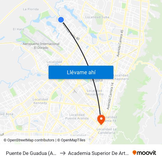 Puente De Guadua (Ac 80 - Kr 119) (B) to Academia Superior De Artes De Bogota - Asab map
