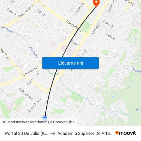 Portal 20 De Julio (Kr 5 - Cl 30a Sur) to Academia Superior De Artes De Bogota - Asab map