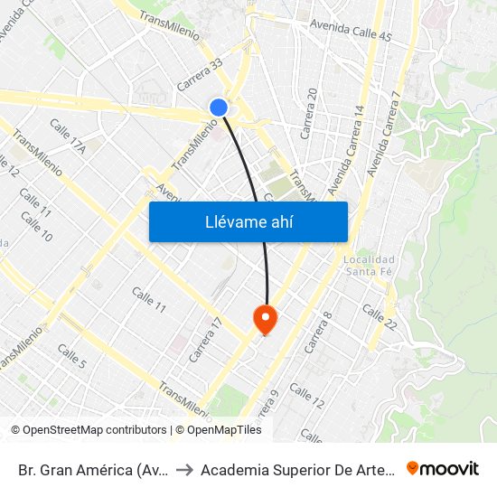 Br. Gran América (Av. NQS - Cl 25b) to Academia Superior De Artes De Bogota - Asab map