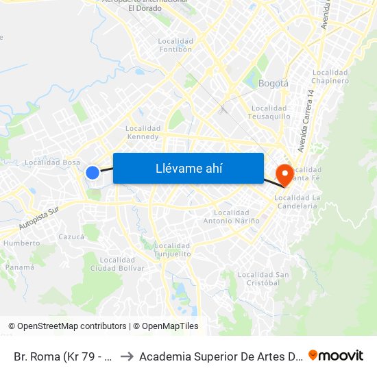 Br. Roma (Kr 79 - Cl 56c Sur) to Academia Superior De Artes De Bogota - Asab map