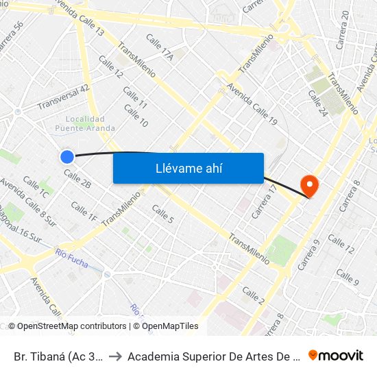 Br. Tibaná (Ac 3 - Kr 38) to Academia Superior De Artes De Bogota - Asab map