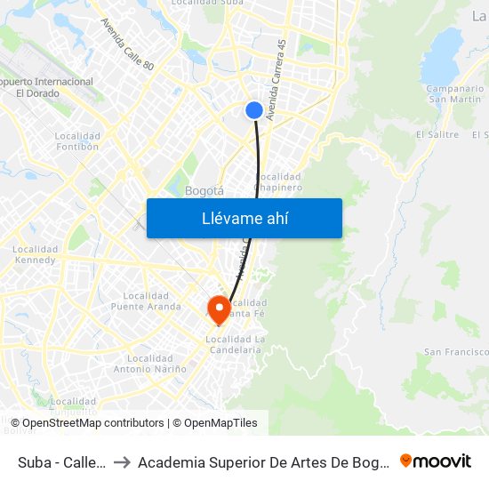 Suba - Calle 100 to Academia Superior De Artes De Bogota - Asab map