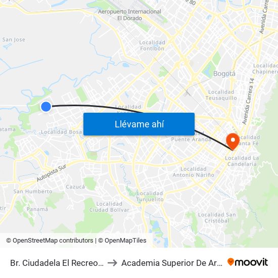 Br. Ciudadela El Recreo (Cl 73 Sur - Kr 99a) to Academia Superior De Artes De Bogota - Asab map
