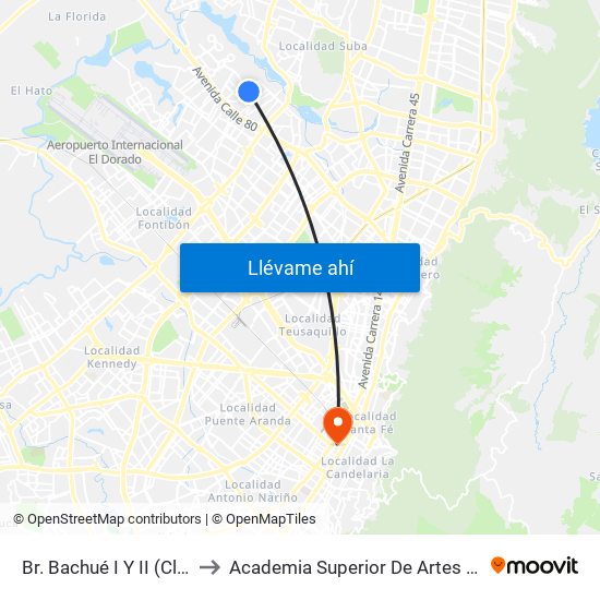 Br. Bachué I Y II (Cl 86 - Kr 95f) to Academia Superior De Artes De Bogota - Asab map