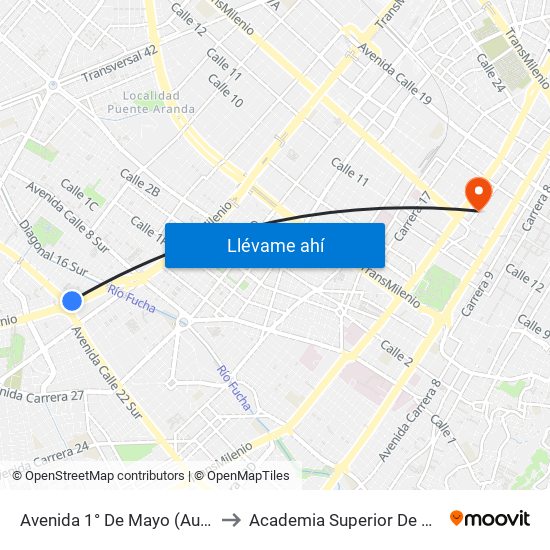 Avenida 1° De Mayo (Auto Sur - Av. 1 De Mayo) to Academia Superior De Artes De Bogota - Asab map