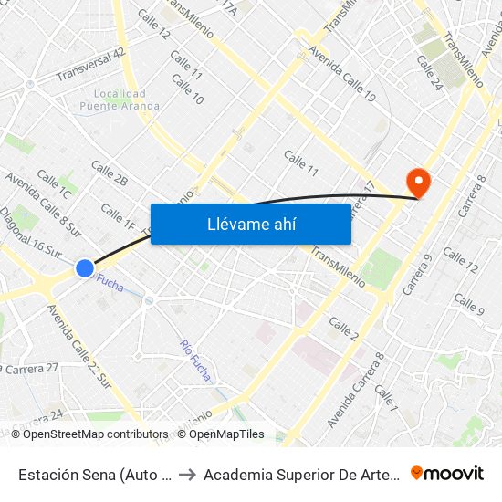 Estación Sena (Auto Sur - Cl 12 Sur) to Academia Superior De Artes De Bogota - Asab map