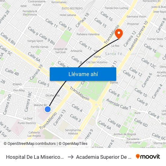 Hospital De La Misericordia (Dg 2 - Av. Caracas) to Academia Superior De Artes De Bogota - Asab map