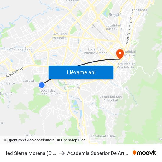 Ied Sierra Morena (Cl 75c Sur - Tv 53) to Academia Superior De Artes De Bogota - Asab map