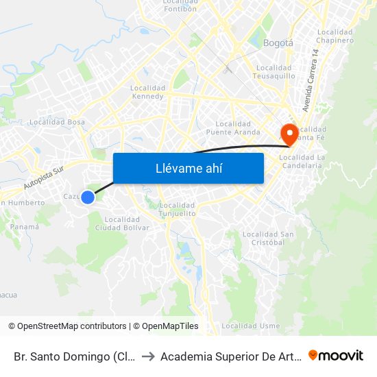 Br. Santo Domingo (Cl 68b Sur - Kr 77b) to Academia Superior De Artes De Bogota - Asab map