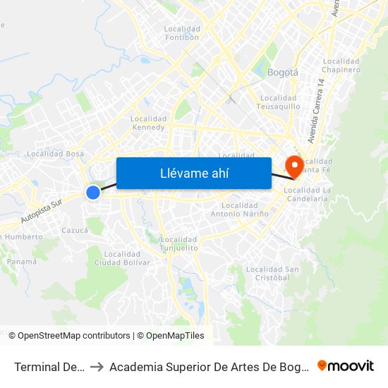 Terminal Del Sur to Academia Superior De Artes De Bogota - Asab map