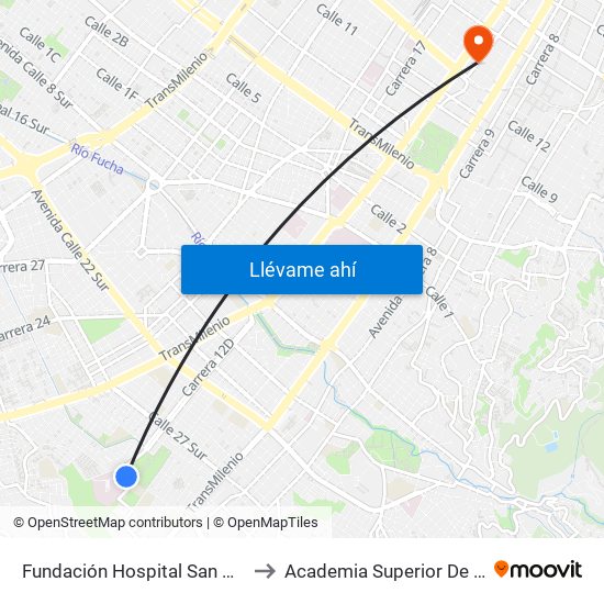 Fundación Hospital San Carlos (Cl 31a Sur - Kr 12b) to Academia Superior De Artes De Bogota - Asab map