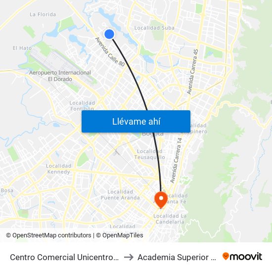 Centro Comercial Unicentro De Occidente (Kr 112f - Dg 86 Bis) to Academia Superior De Artes De Bogota - Asab map