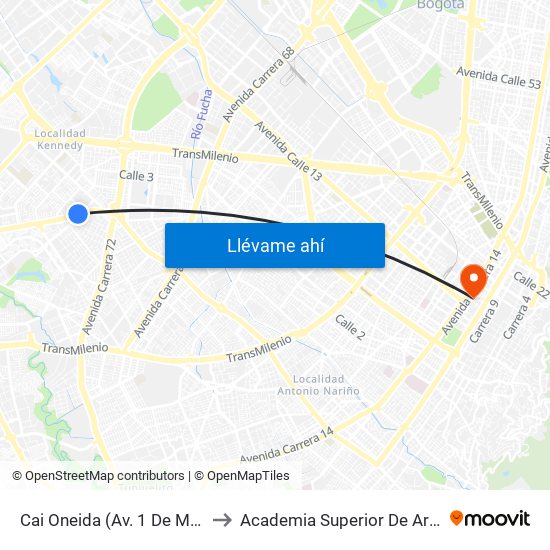 Cai Oneida (Av. 1 De Mayo - Cl 35b Sur) (A) to Academia Superior De Artes De Bogota - Asab map