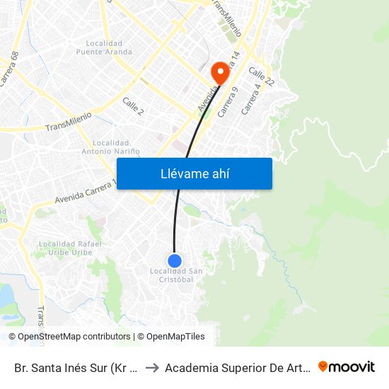 Br. Santa Inés Sur (Kr 4 Este - Cl 29 Sur) to Academia Superior De Artes De Bogota - Asab map